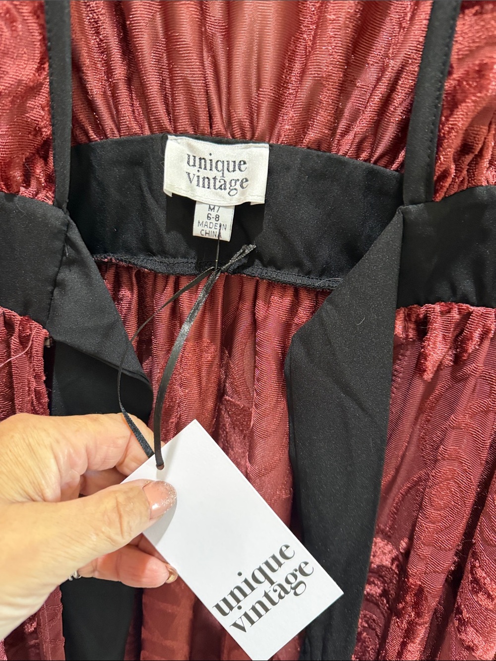 Unique Vintage Rose-Pattern Velvet Burnout Robe in Deep Rose with Black Trim - Picture 2 of 5